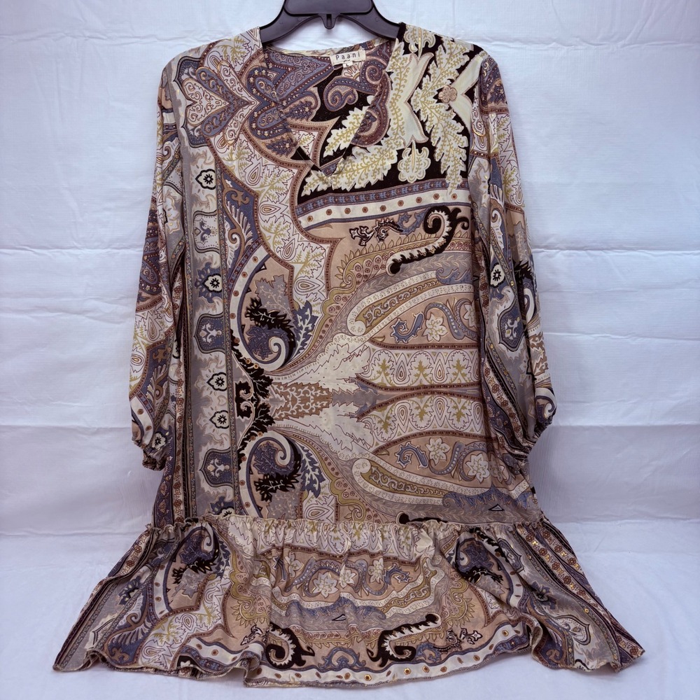 Paani Womens Paisley Ruffle Hem V-Neck Mini Dress Tunic Tan Black Blue Gold L